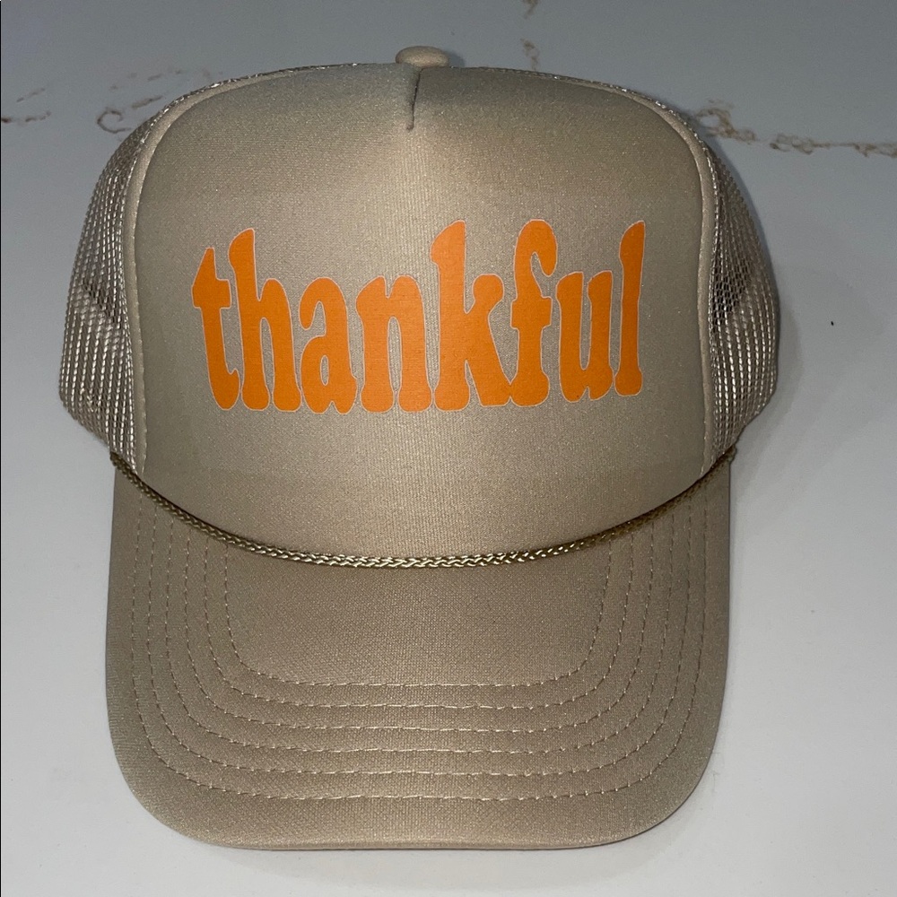 Thankful Trucker Hat with Orange Lettering